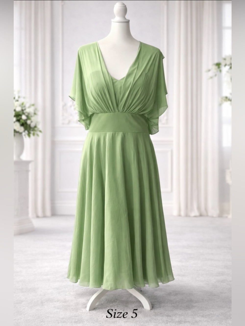Elegant Sage Green V-Neck Midi Dress